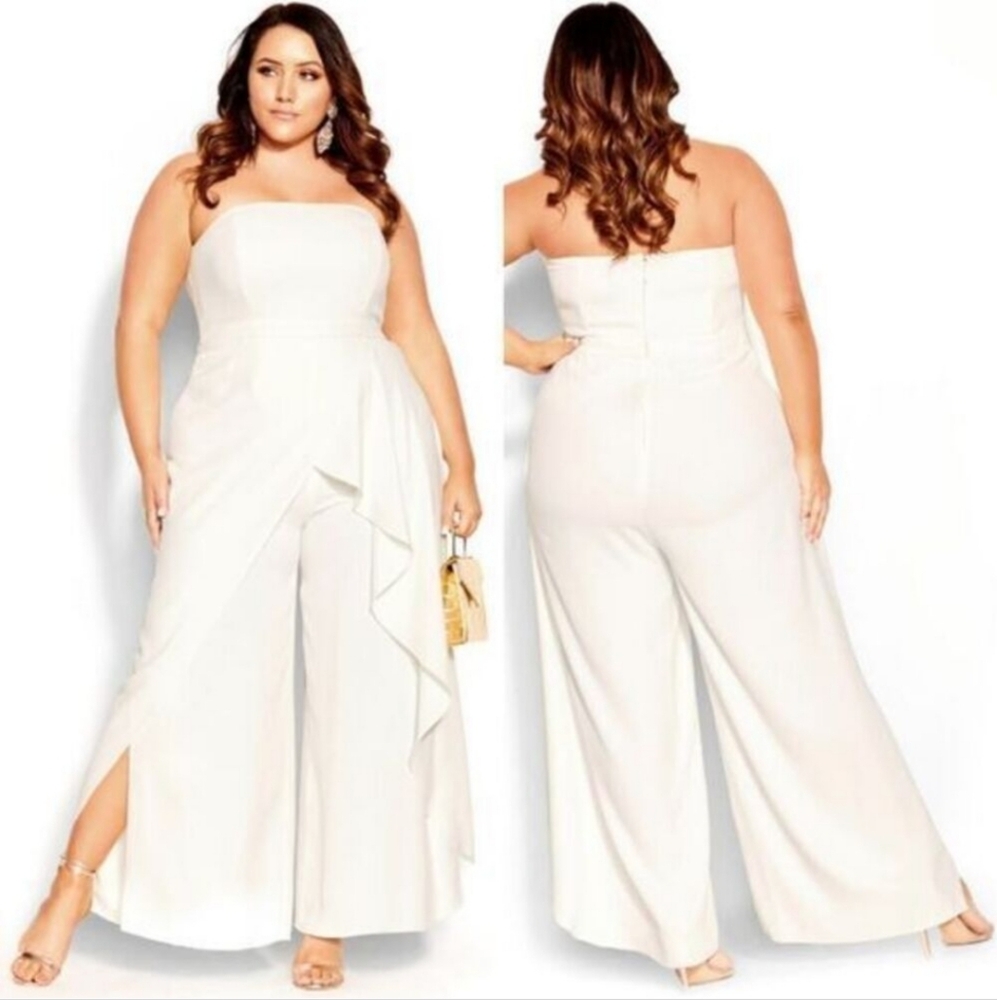 City Chic White Strapless Wide-Leg Jumpsuit with Draped Ruffle